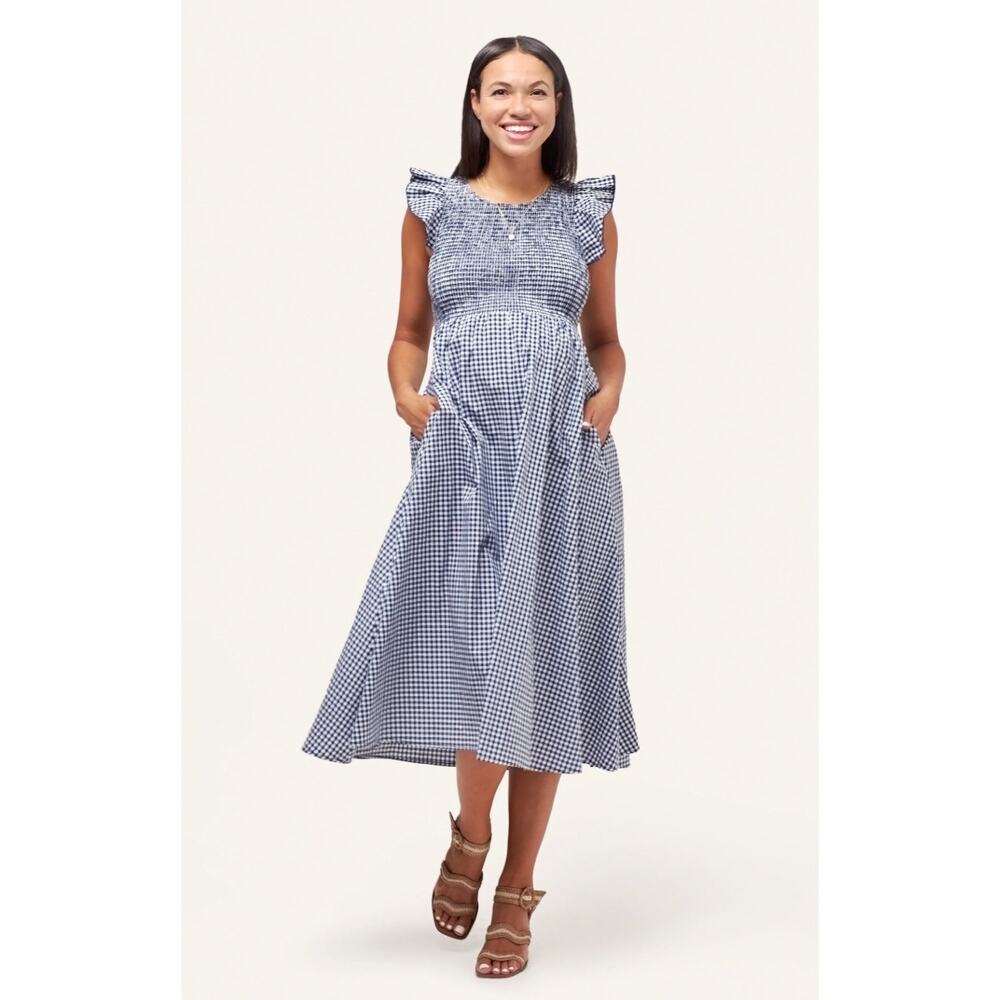 Nom maternity S gingham Harper Smocked During + After Dress